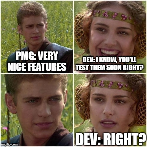 project management meme: dev asking about testing features to a pm