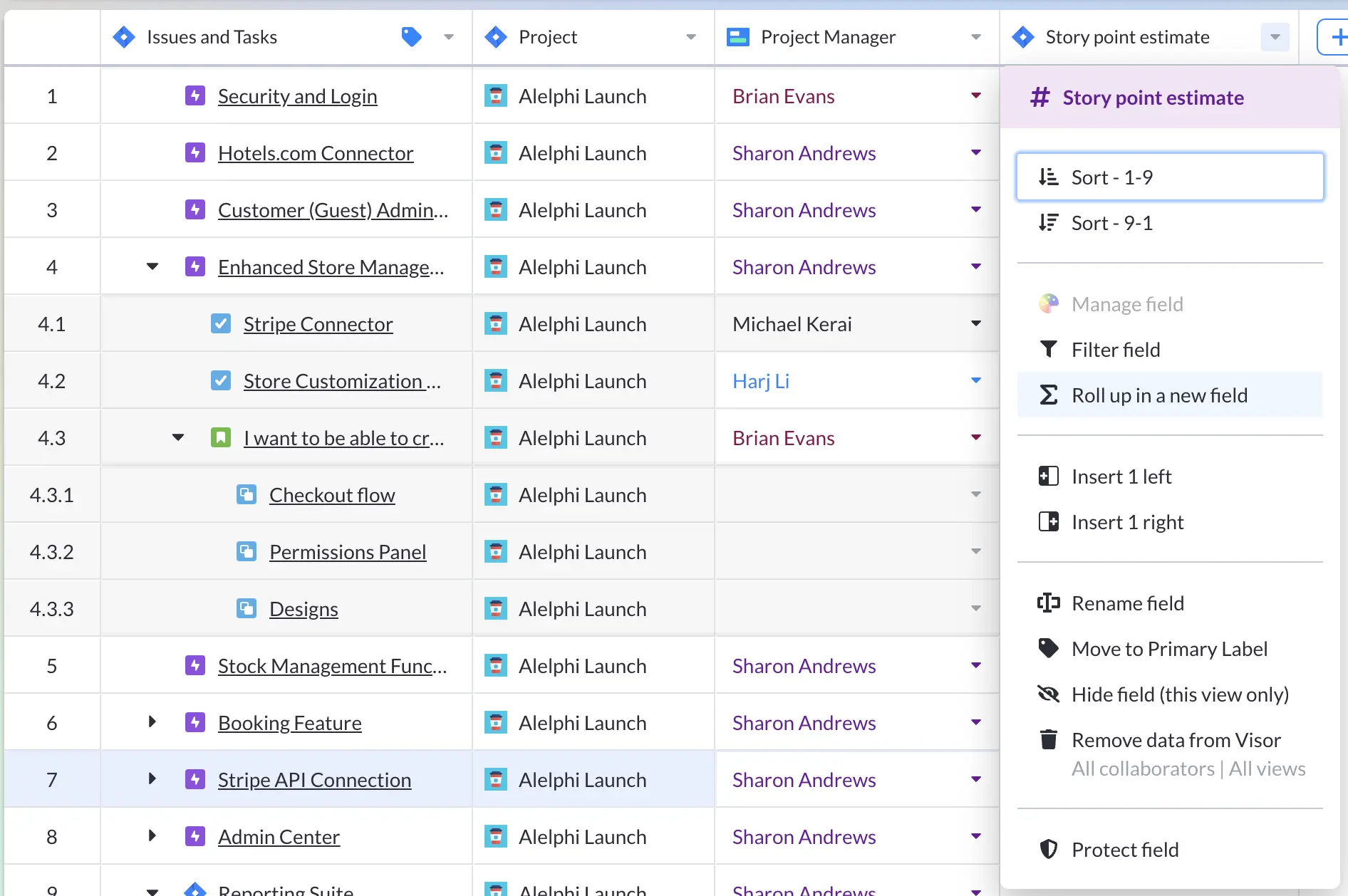 Screenshot showing a user selecting a Jira Story Point Estimate field in Visor and selecting "Add rollup field" from the dropdown menu