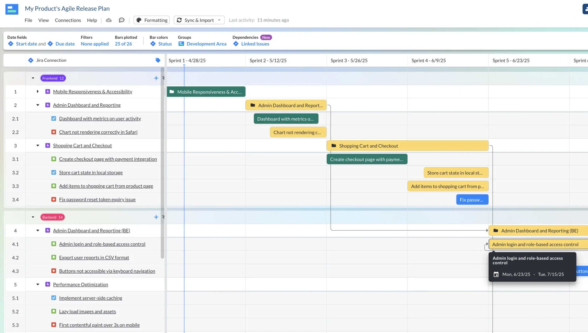 Agile release plan example in a Gantt chart format, created using an agile release plan template with the help of Visor's AI.