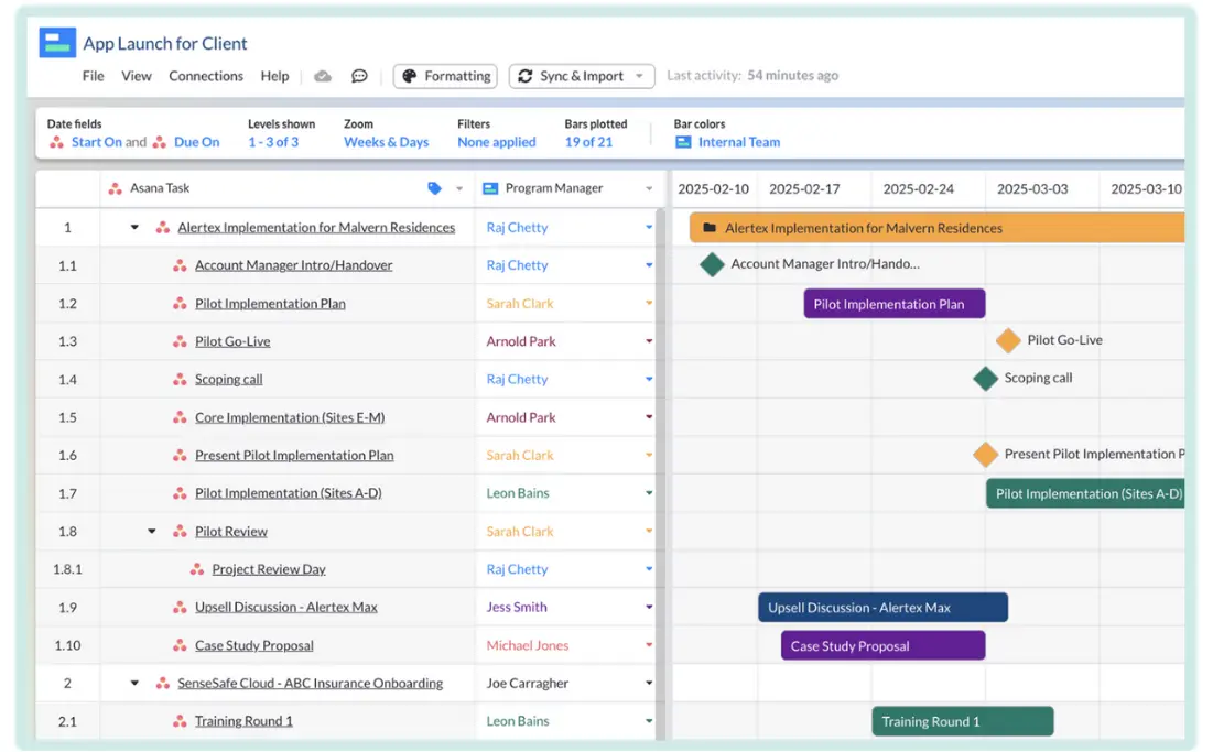 A roadmap visualization in Visor of various Asana projects in a portfolio of projects