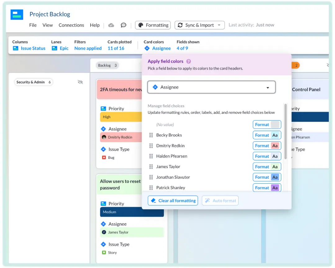 The color code settings on a Kanban board view in Visor specifically a board view being used to manage a backlog of Jira issues.