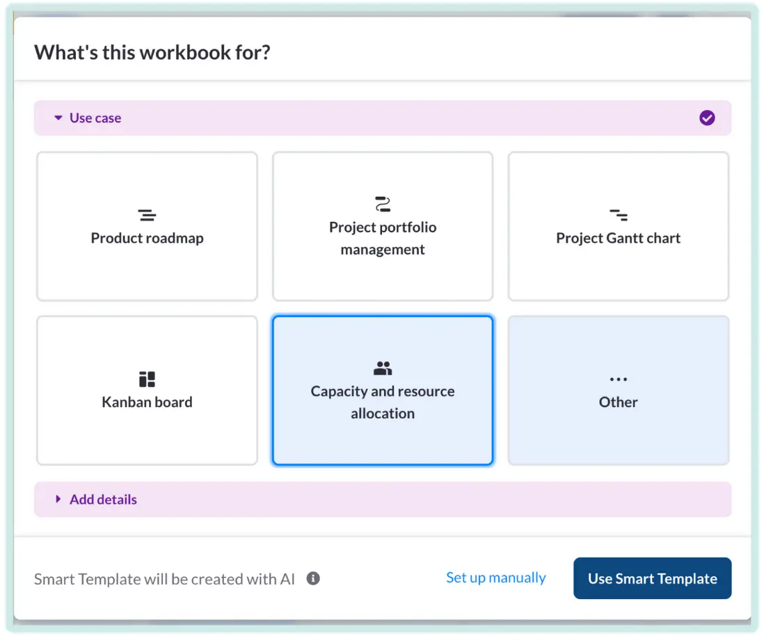 Selecting the capacity planning and resource allocation smart template in Visor