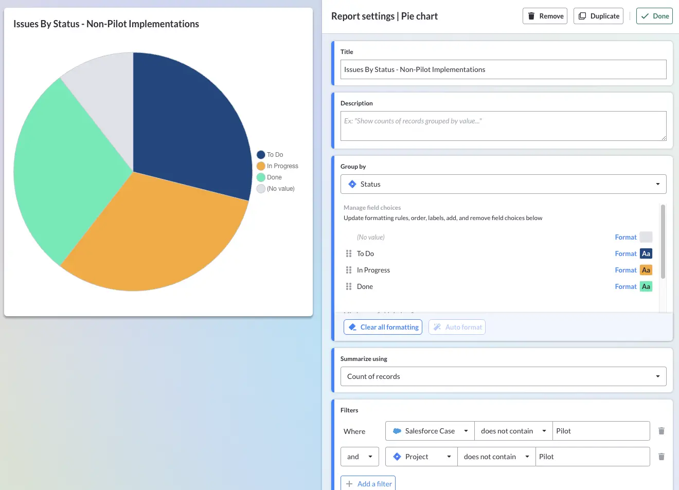 Setting up a pie chart report in a project portfolio management (PPM) dashboard in Visor.