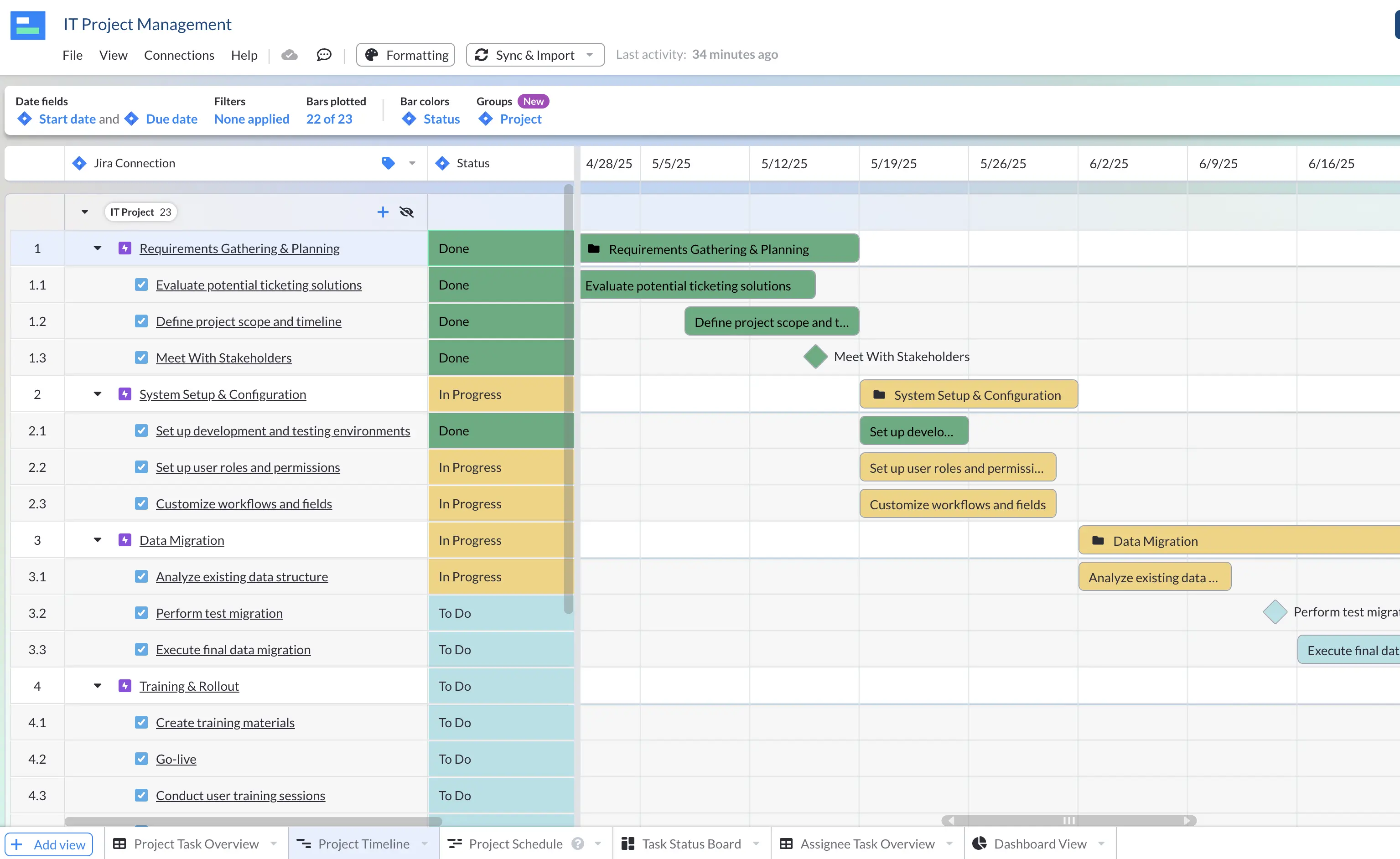 An IT project plan template created in a Gantt chart view in Visor