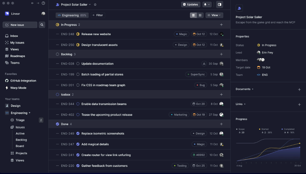 A list view of work items in Linear, a Jira alternative that's especially popular among software engineering teams