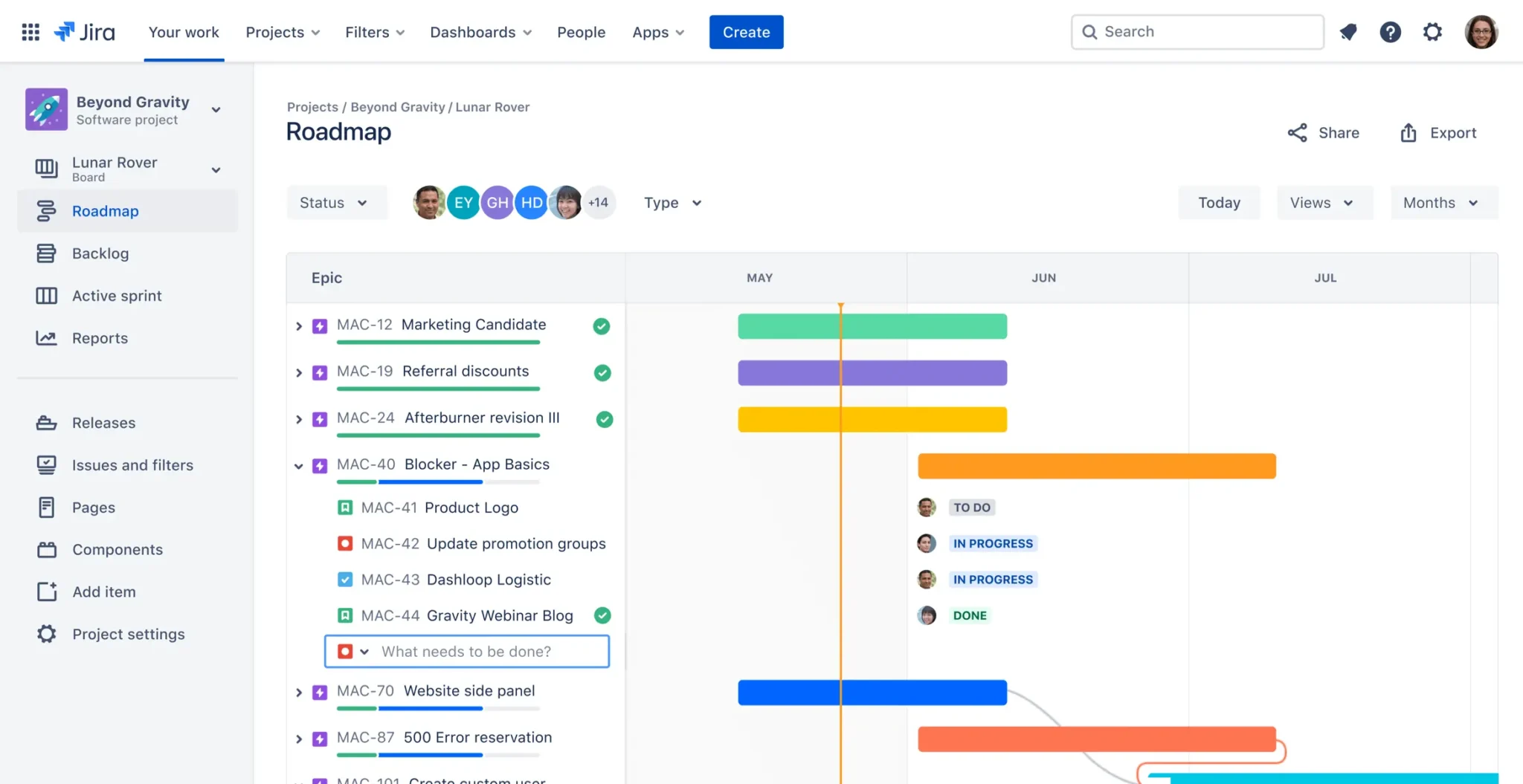 A roadmap in Jira Plans, a Jira-native option for agile portfolio management, the roadmap has bars showing the progress of various projects with additional key details for each project