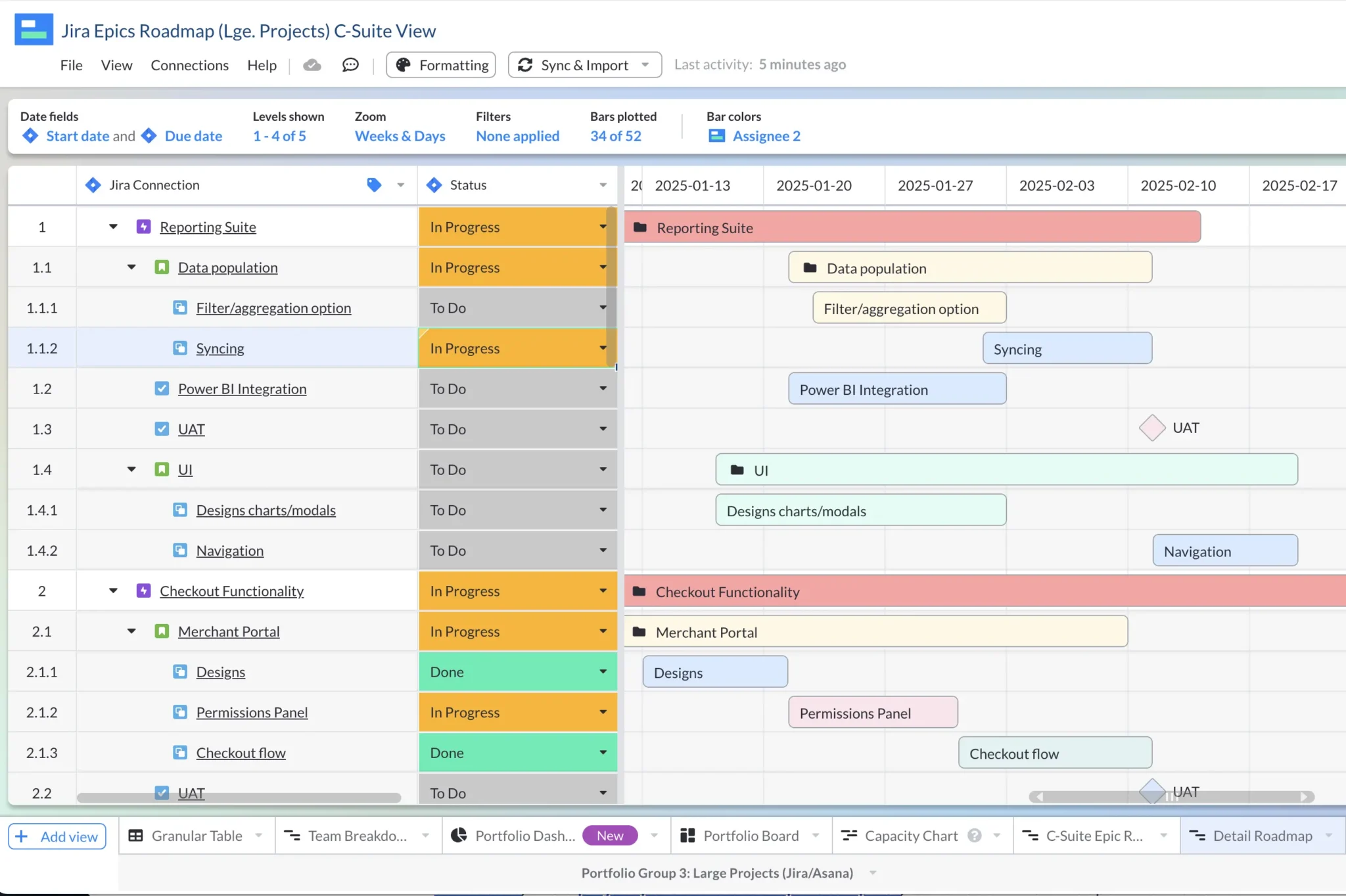 A Gantt chart in Visor showing nested Jira project data
