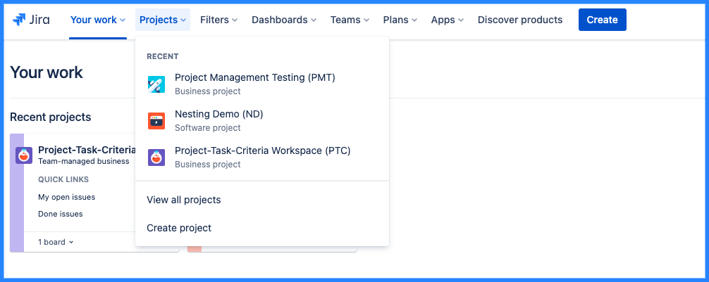 jira interface with a user clicking on "projects"