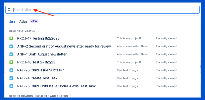 Search bar in Jira