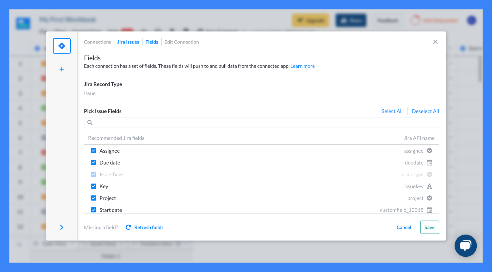 visor screen selecting jira fields to display