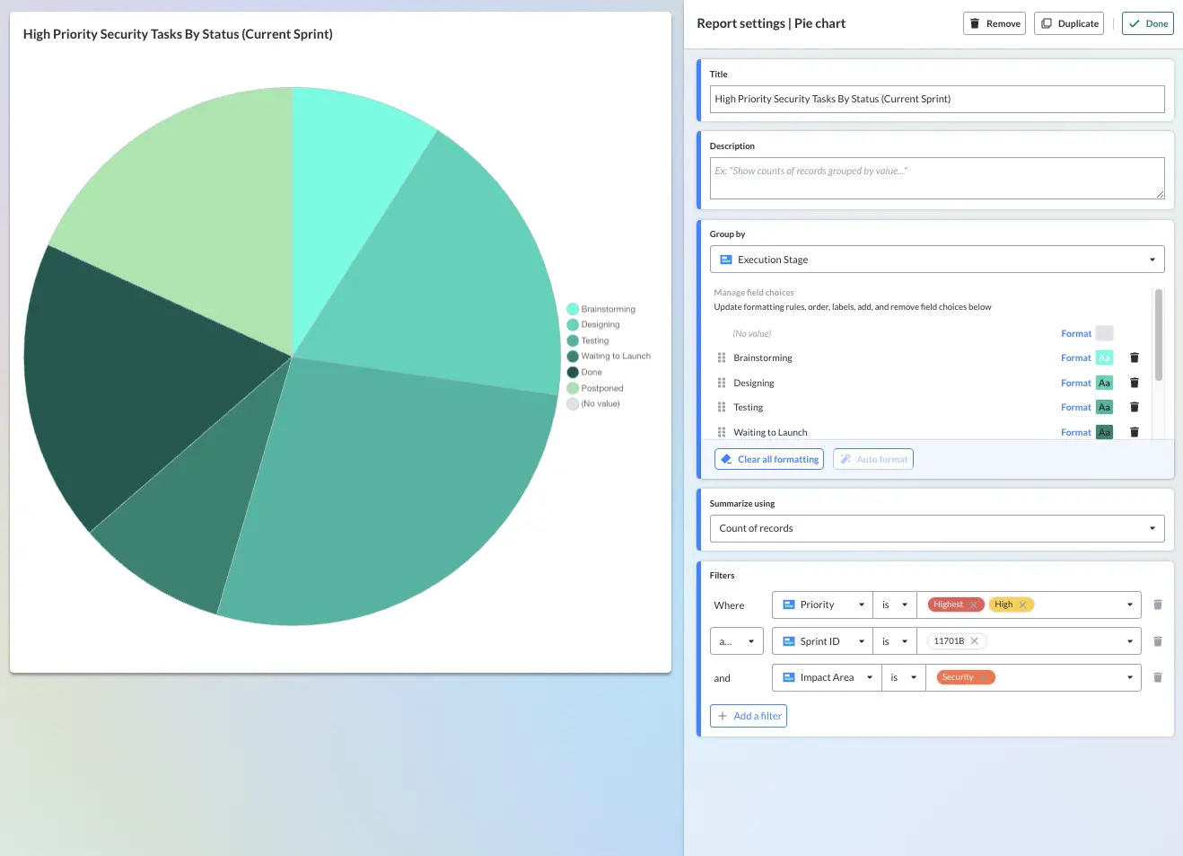 The configuration of a pie chart based report within a project portfolio management dashboard, specifically the configuration of advanced filters for this report.