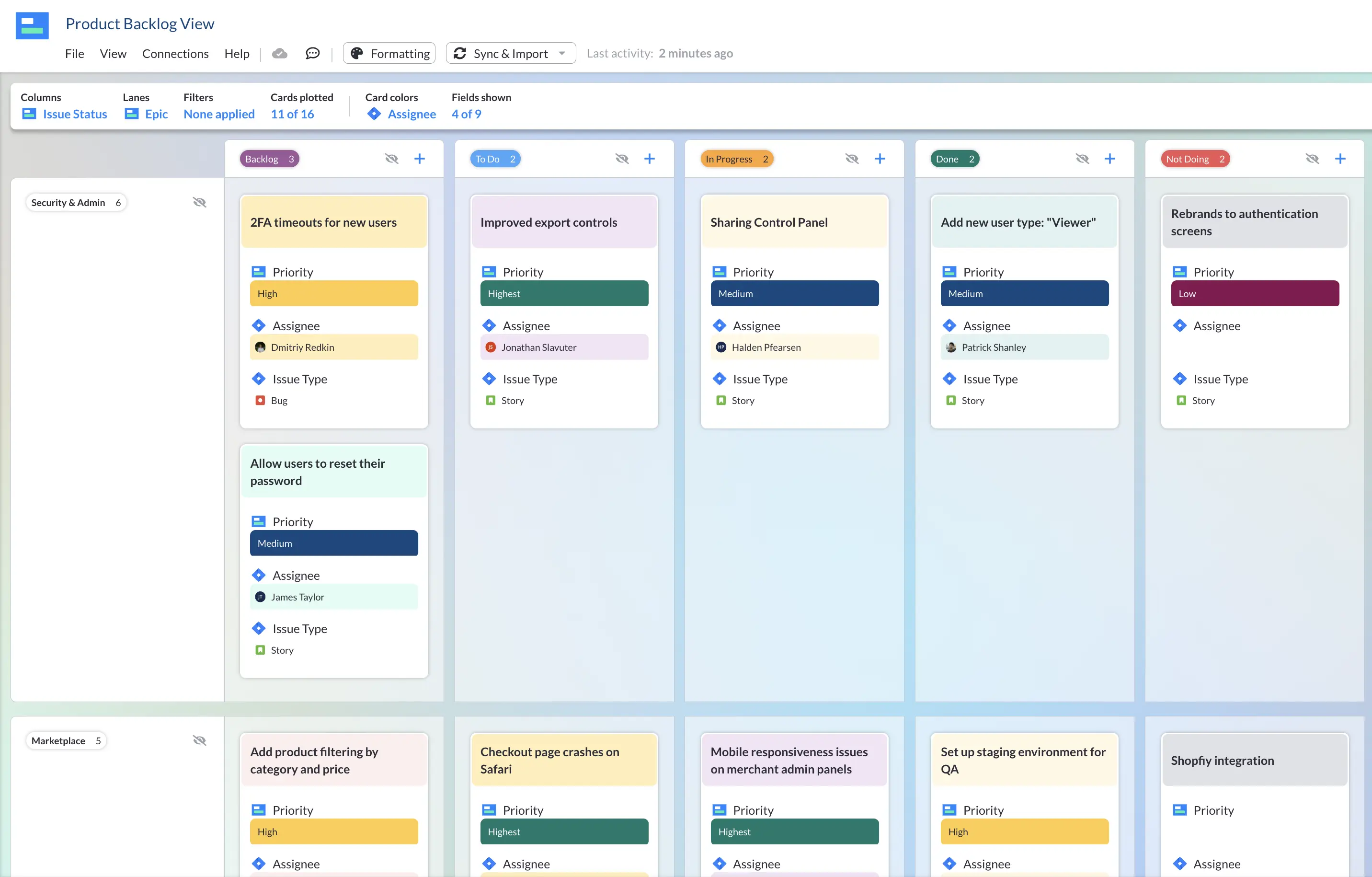 A product backlog template created in Visor's board view