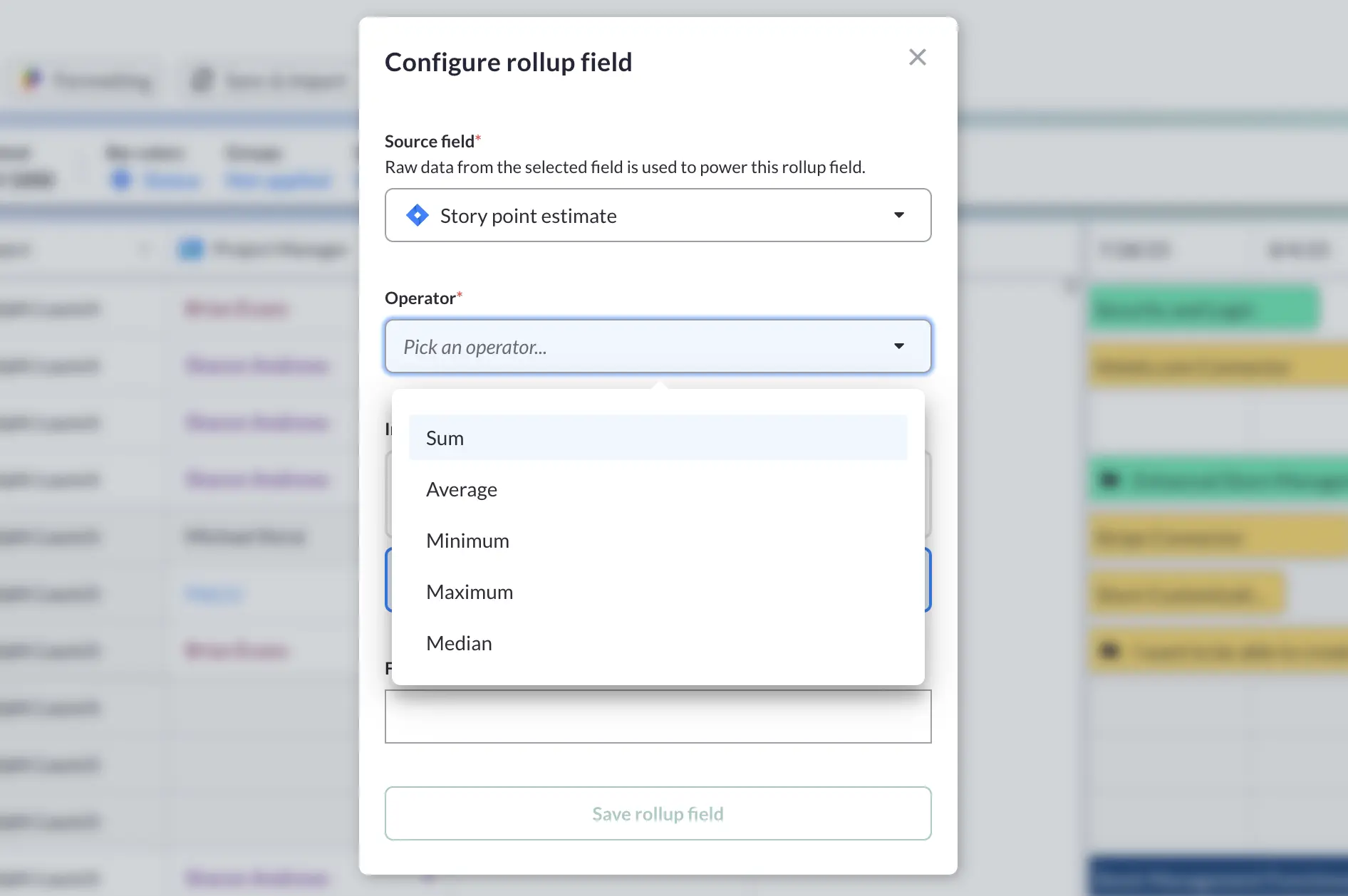 Rollup field configuration screen in Visor. The user is choosing from operators (such as Sum, Average, Median) to calculate rollup values for a Jira Estimated Story Points field