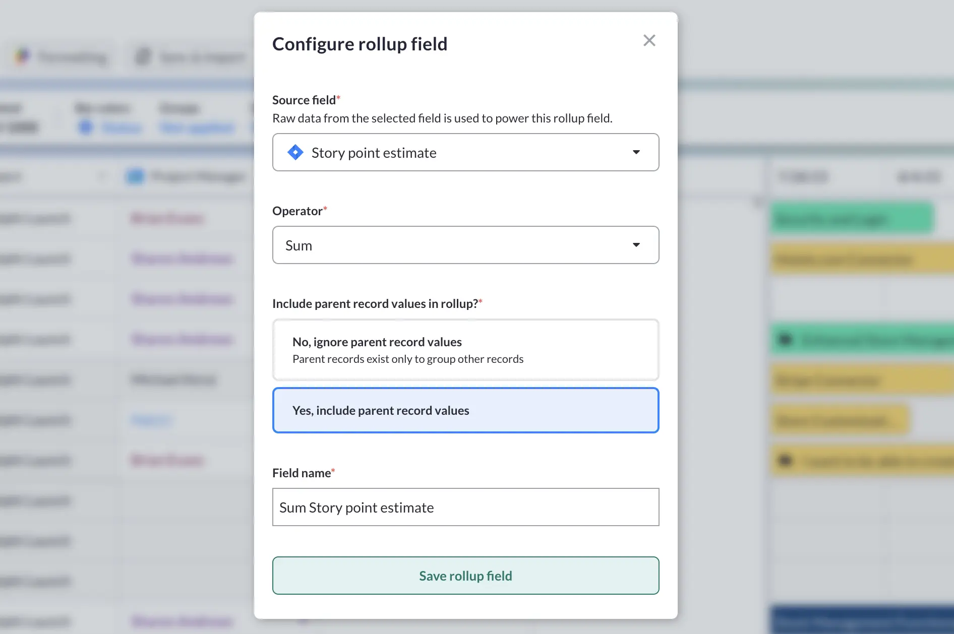 Rollup field configuration screen in Visor. The user is creating a field that sums up the Estimated Story Points of child records to their parent records. The user has opted to include parent records in the calculation and is now saving the new rollup field.