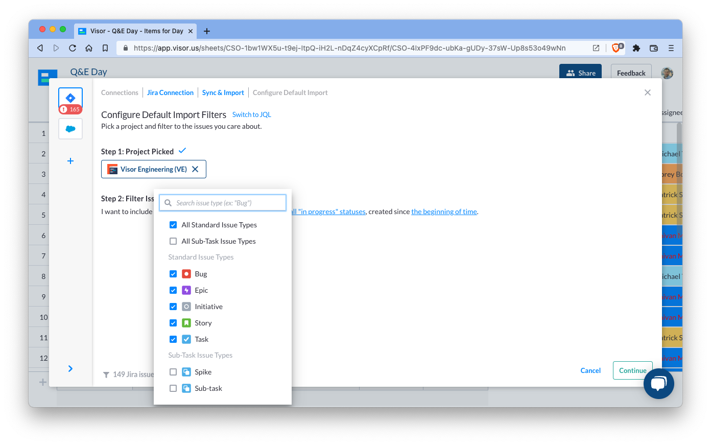 Visor import from Jira into spreadsheet