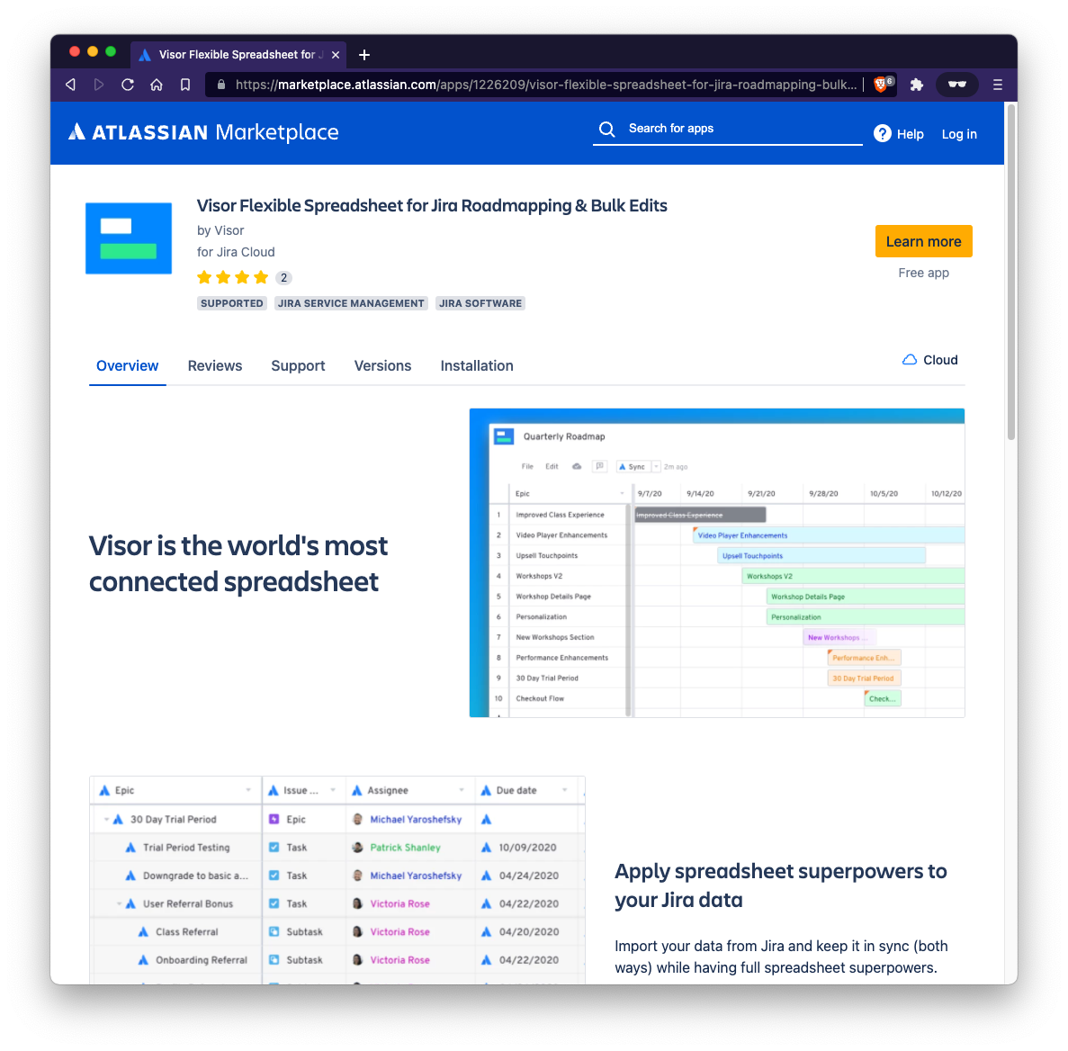 Visor Flexible Spreadsheet for Jira Roadmapping and Bulk Edits (In Jira's marketplace)