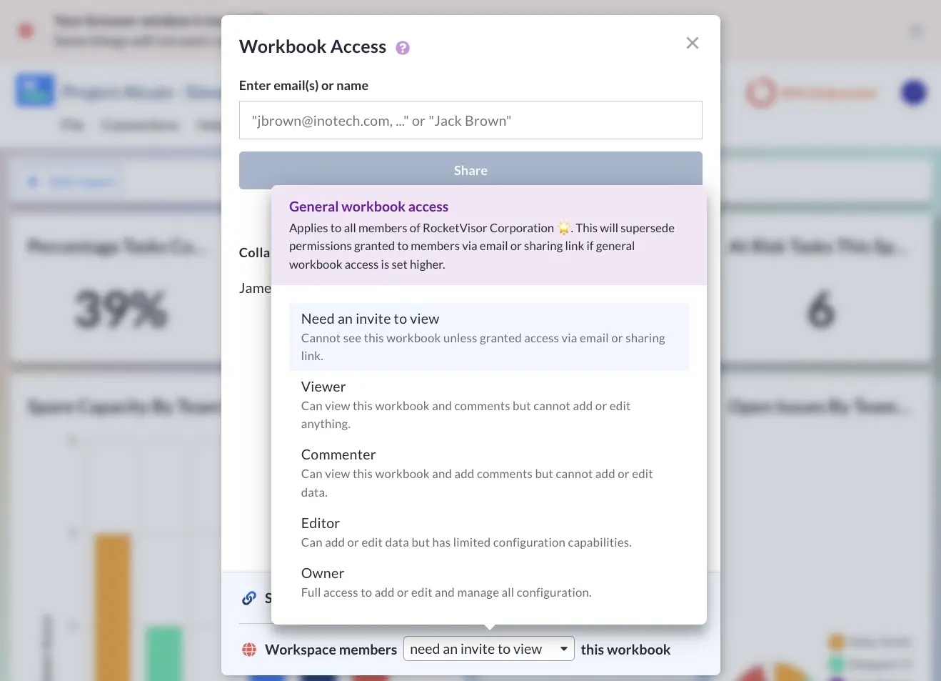 The dashboard view sharing screen within Visor, the user is creating a sharing link for their project portfolio management dashboard, and setting the permissions level for that sharing link.