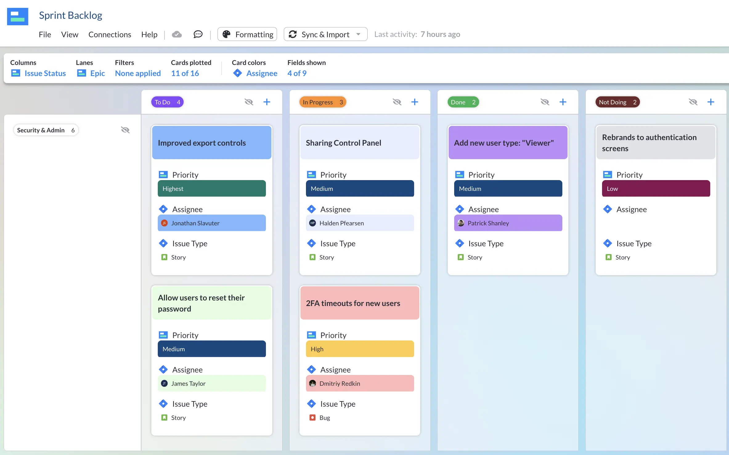 A sprint backlog template, created using AI Smart Templates and Visor's Kanban board view.