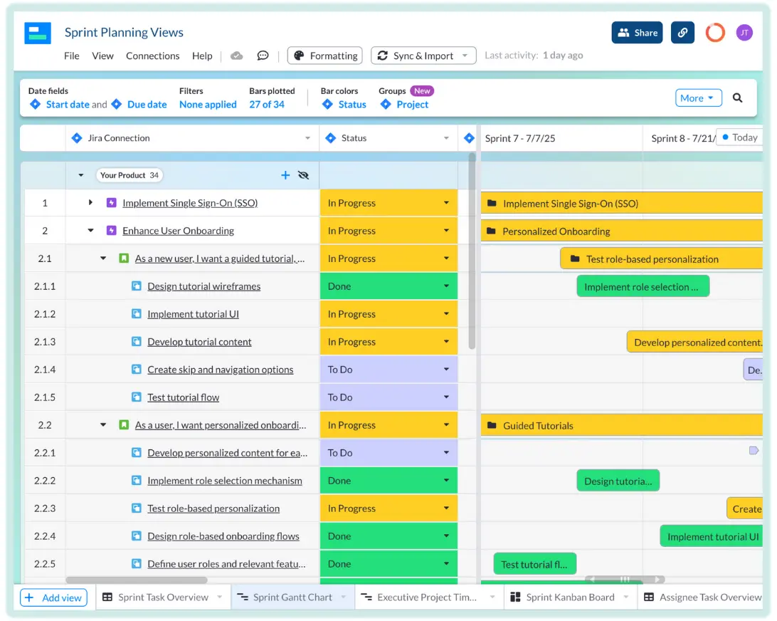 Example of a sprint planning template in Visor, with tabs for other sprint planning views shown