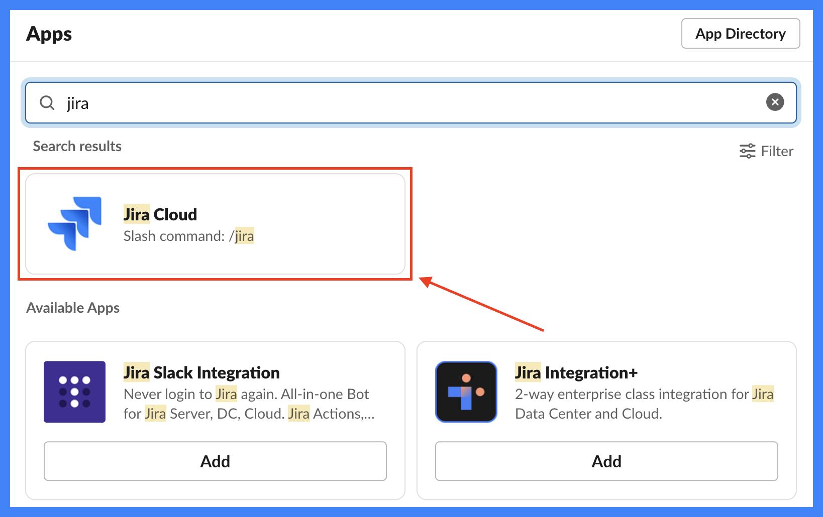 Jira Slack integration screen to choose Jira Cloud app 
