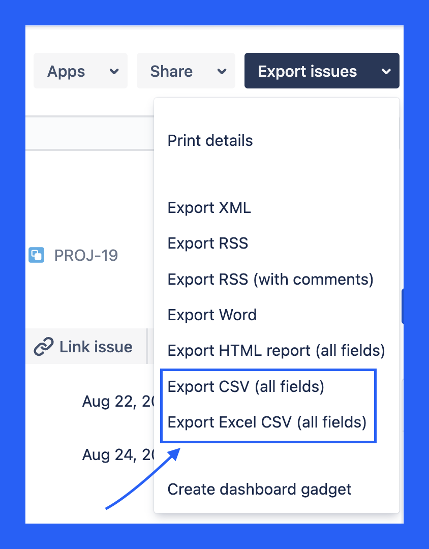 jira export csv step 2: export excel csv screen in jira