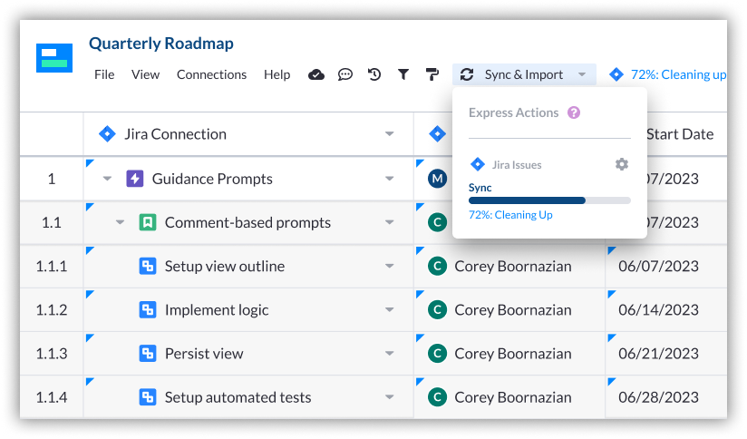 Visor's spreadsheet syncing with Jira