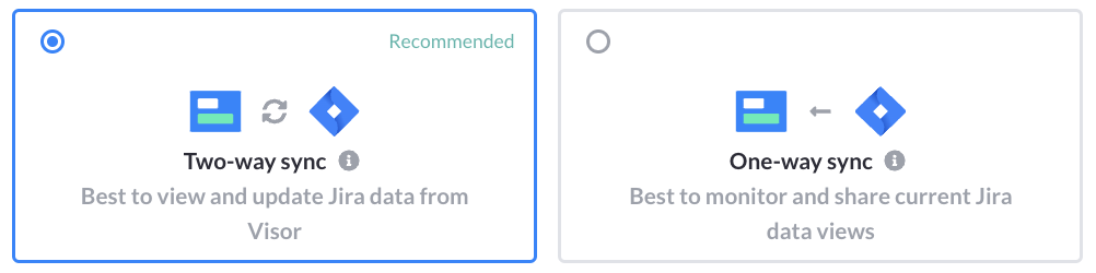 Screen of the Visor product, where users can choose Jira syncing options