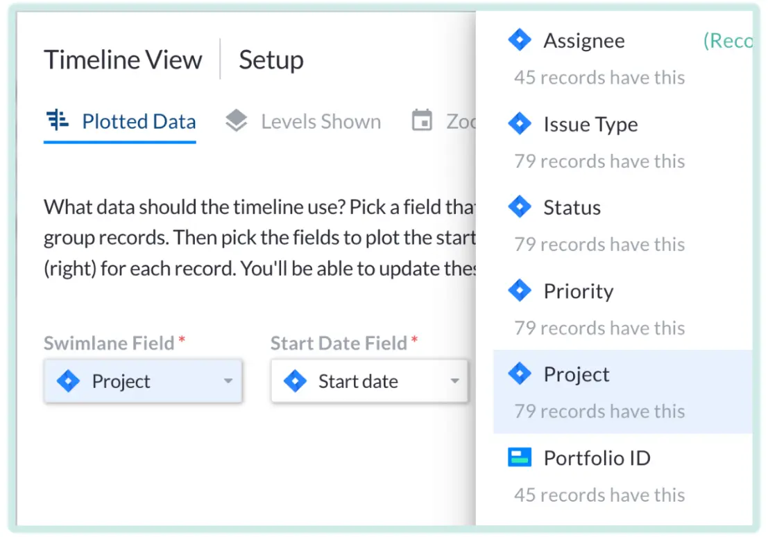 Showing the configuration of a timeline view within Visor. The user is choosing which field to use to define the swim-lanes on their timeline. 