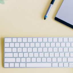 Top down image of a keyboard, mouse, notebook, pen, plant, on a yellow desktop surface.