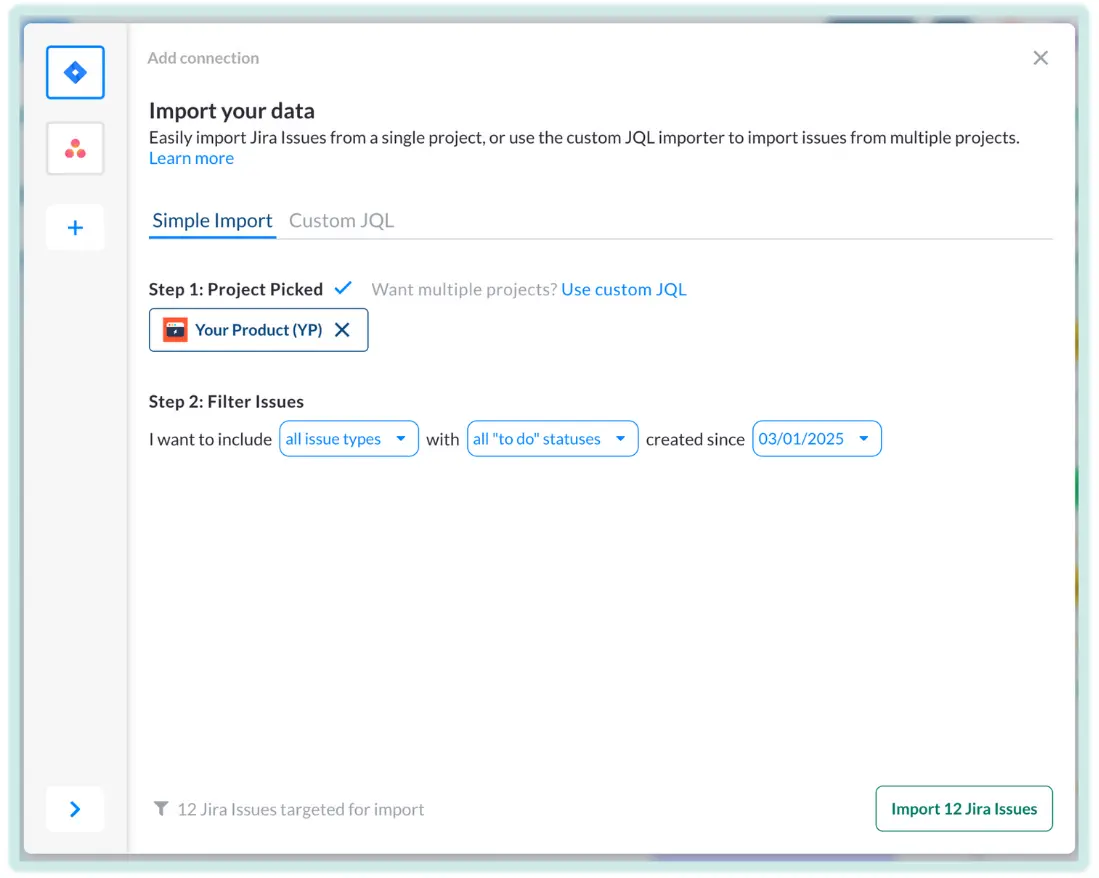 The importer screen in Visor, with a Jira project selected with a set of filters applied to the import.