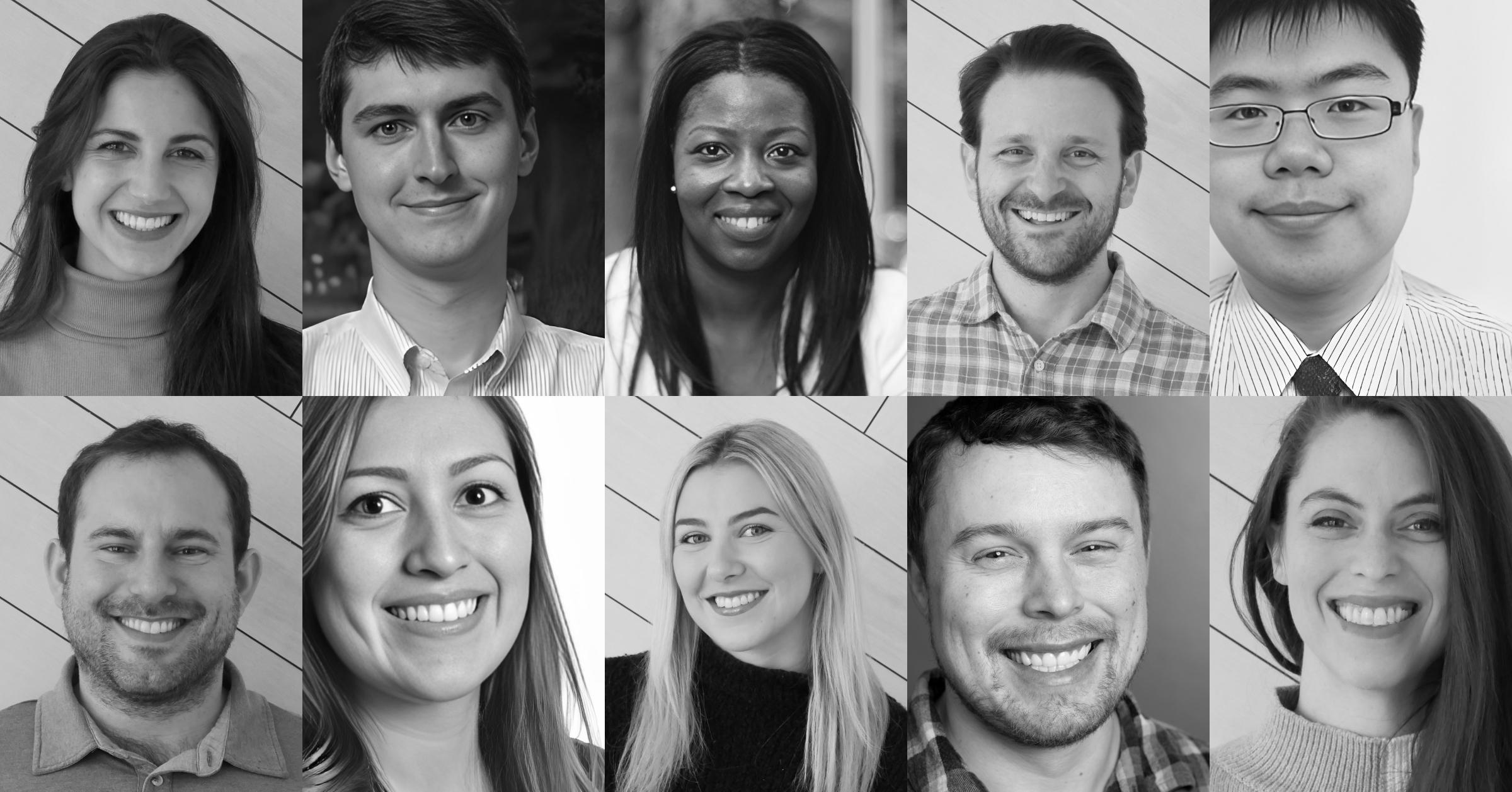 A grid of ten black and white portraits of a mix of people smiling.