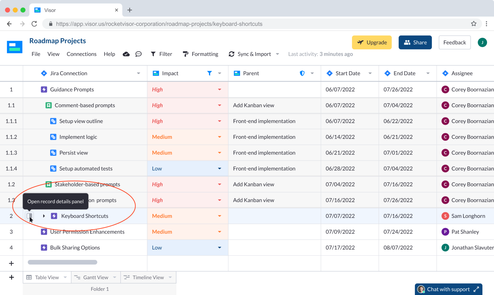 instructions for opening visor's record details panel