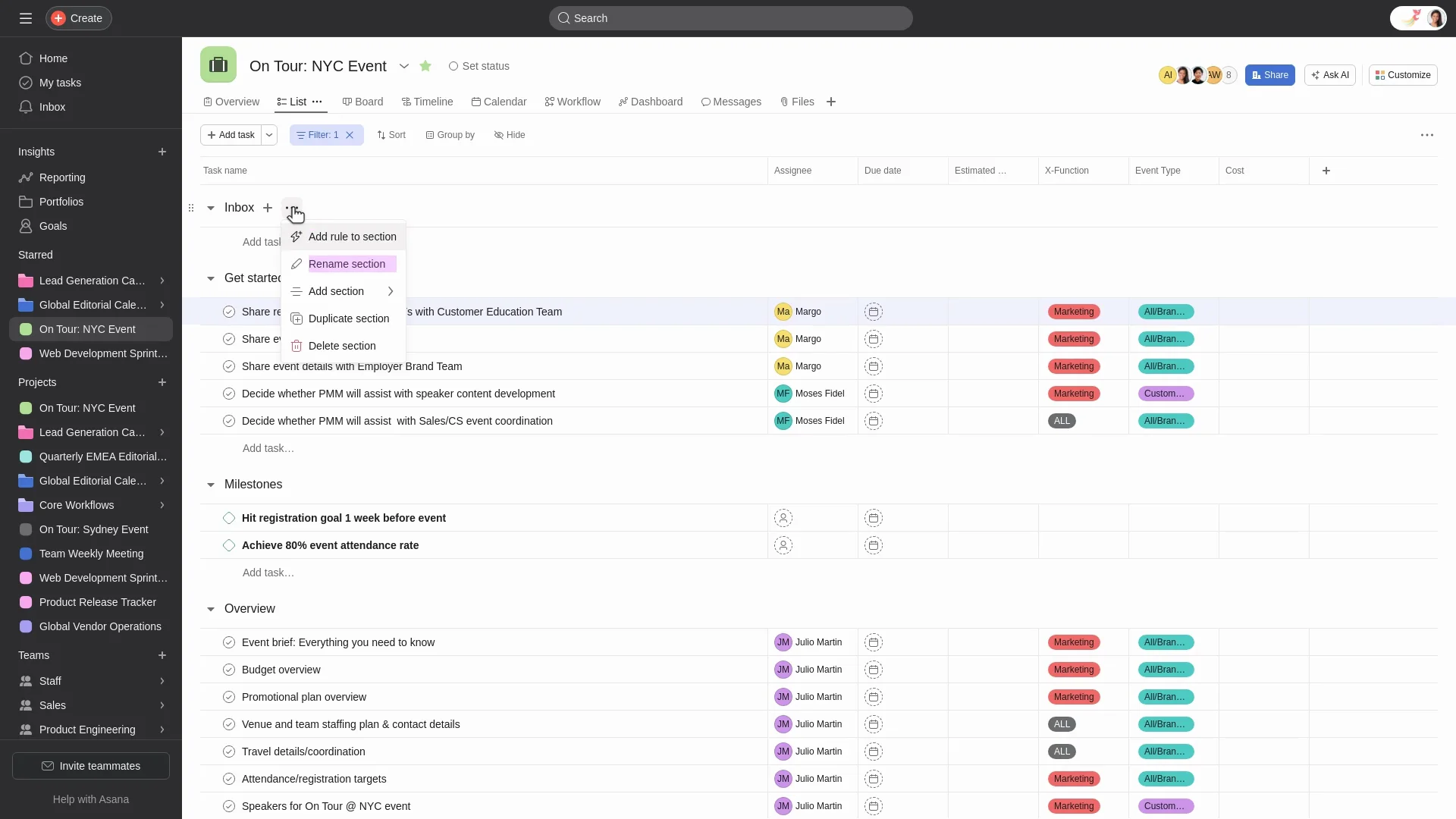A list view of a project in Asana which is a popular, simpler alternative to Jira