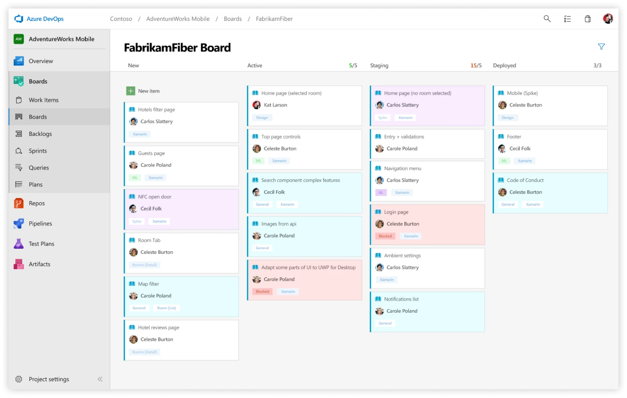 A board view in Azure Devops, an alternative software to Jira that is popular among software teams. Colorful cards are shown on the Kanban board in various columns based on task status.