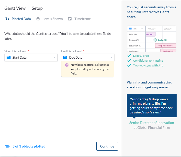 Screenshot of Gantt View Setup with an option to add start and end data fields.