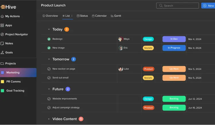 Tasks within a project view in Hive a project management tool. The tasks are represented as colorful items in a list.