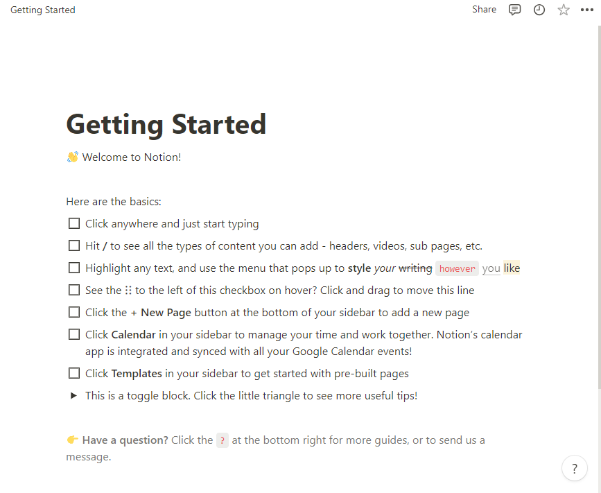 Screenshot from Notion explaining how to get started.