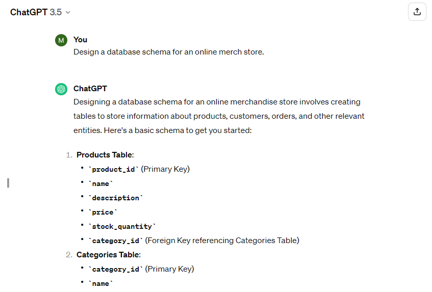 Screenshot of ChatGPT with the prompt “Design a database schema for an online merch store.” and the response.