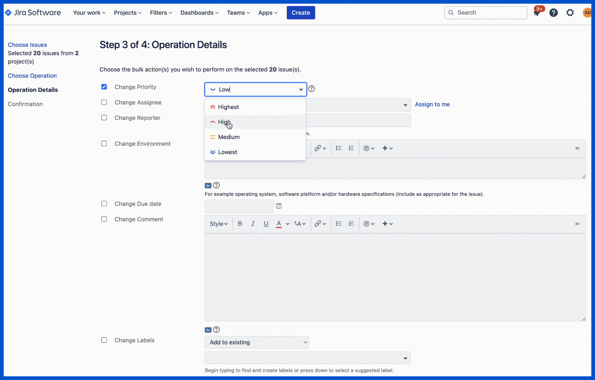 bulk assign tasks in jira jira bulk edit step 8, sifting through choices