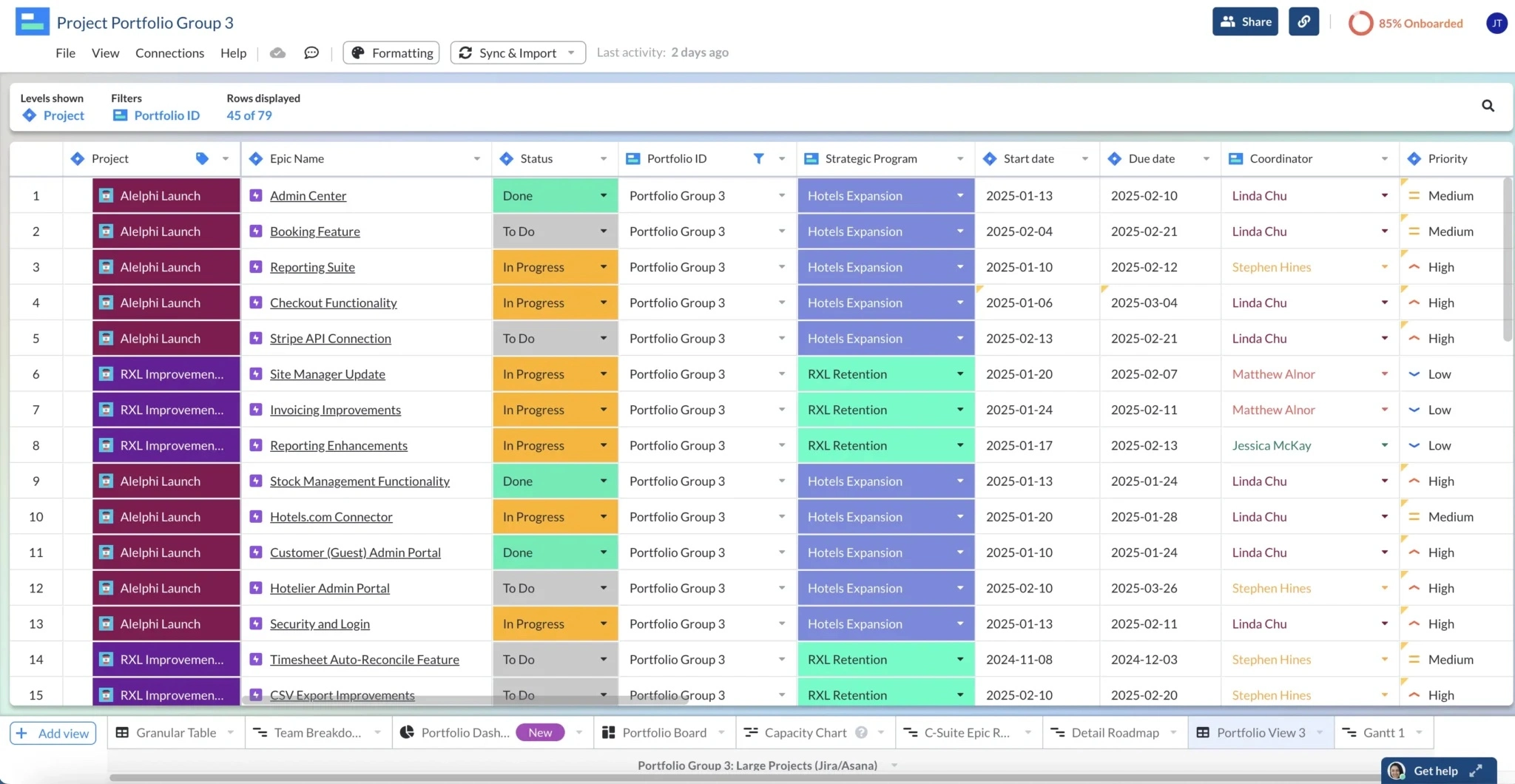 a table in visor featuring jira data