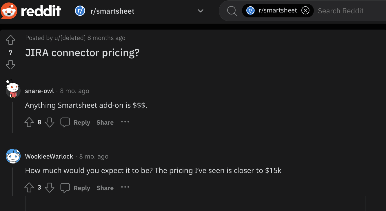 smartsheet jira connector pricing questions on reddit
