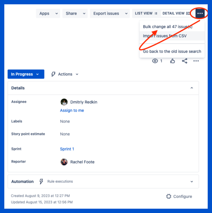 jira bulk edit step 4, click three dots to find bulk change prompt