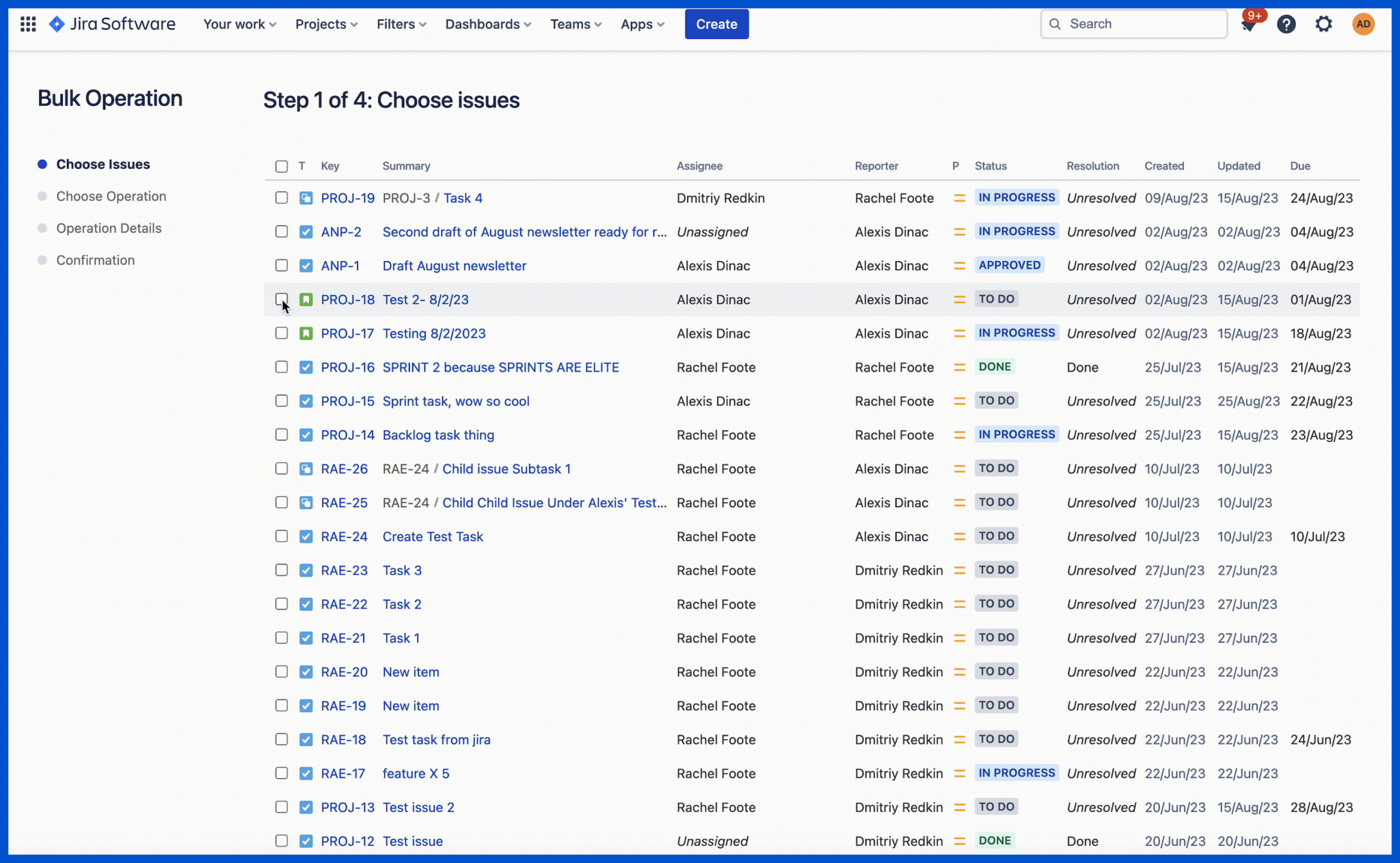 bulk assign tasks in jira jira bulk edit step 5, selecting issues to edit
