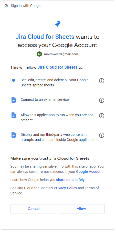 jira cloud for sheets start prompt