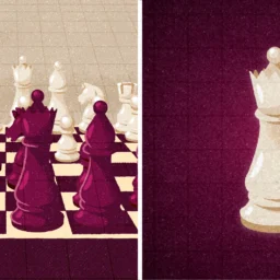 chess pieces showing a board with multiple pieces and then a board with just one piece