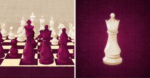 chess pieces showing a board with multiple pieces and then a board with just one piece