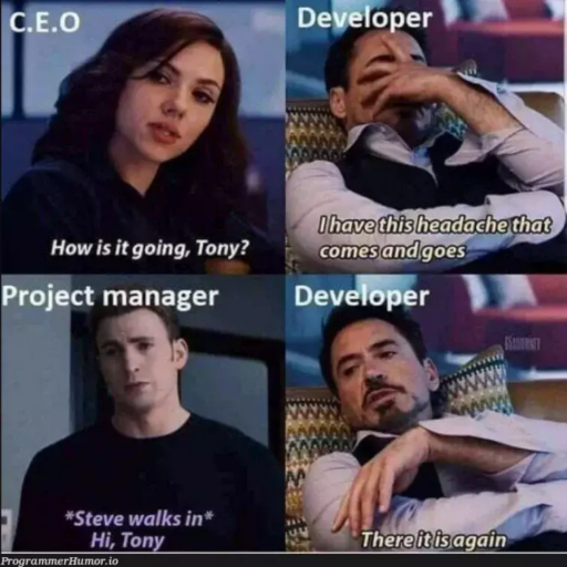 project management meme: engineer getting headache from project manager