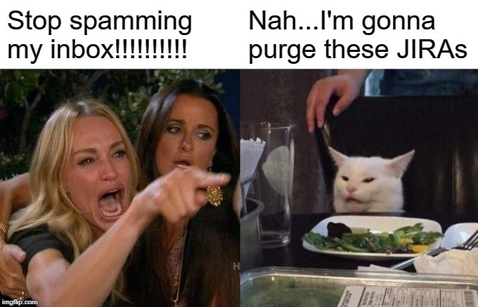 project management meme: a cat threatens to purge more jira tickets to an upset woman