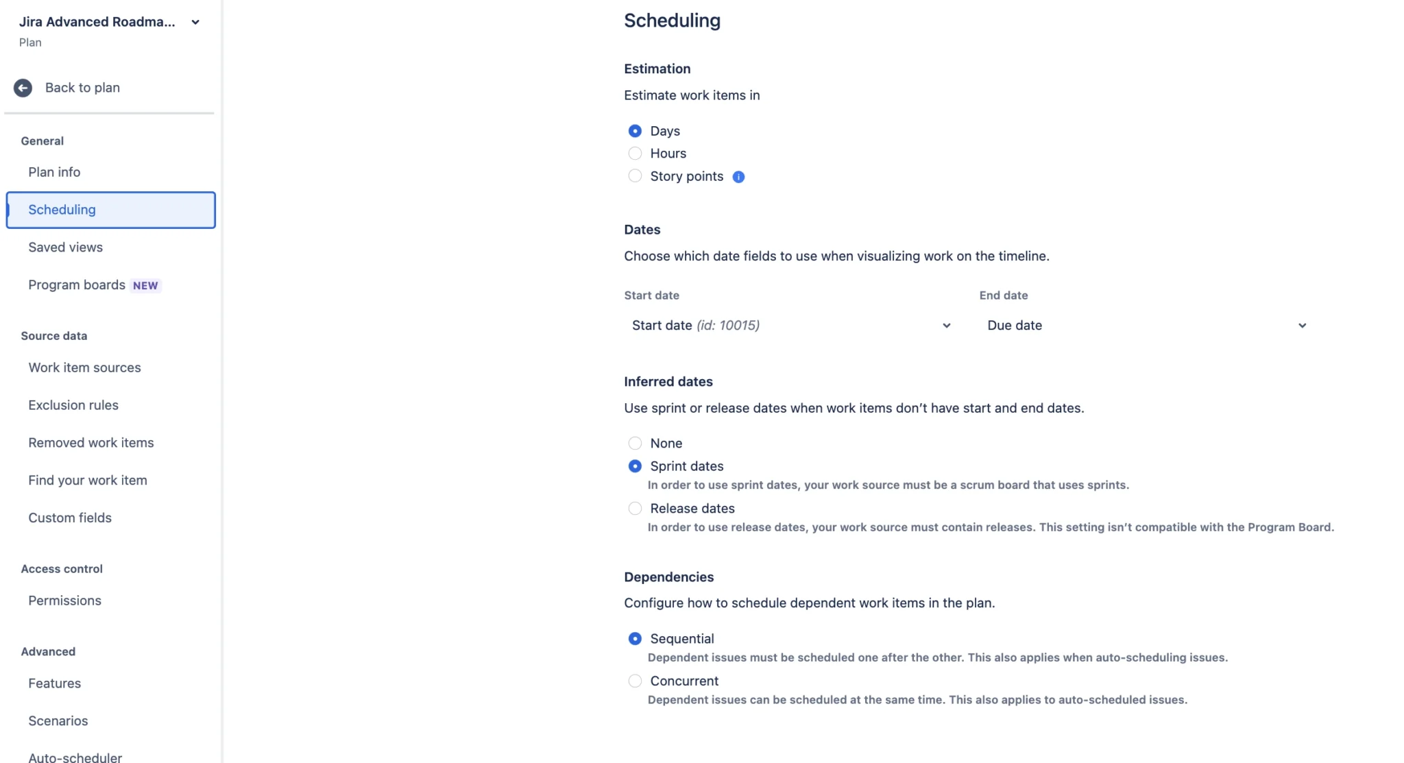 schedule settings in jira advanced roadmaps