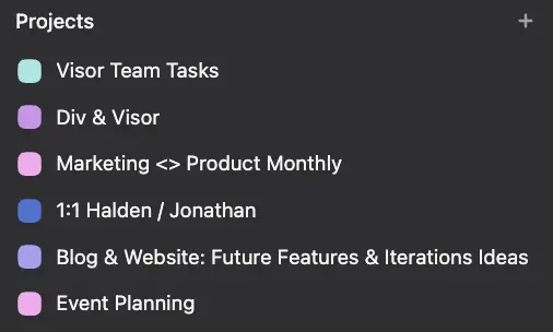 List of different projects in Asana